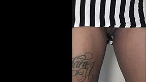 Slim ebony teases with her shaved pussy and big ass
