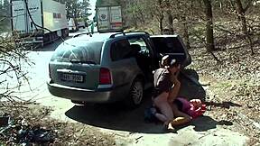 Watch a stunning blonde babe get fucked outdoors while giving a naked blowjob