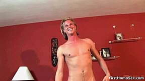 Gay guy with blonde hair undresses for erotic film featuring intense oral and anal sex