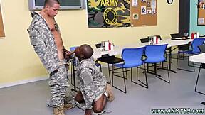 Young gay soldiers in drill sergeant's uniform engage in anal sex
