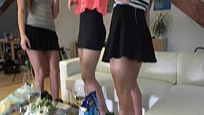 Beautiful girls celebrate their BFF's birthday with sexy short skirts