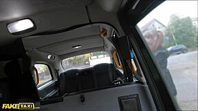 Young and skinny brunette gets deep throat and doggy style sex in a fake taxi ride
