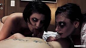 Big ass babes get creampied in Halloween threesome
