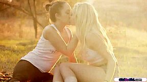 A big-chested teenage girl pleases herself while being orally stimulated by her partner