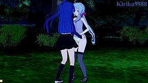 Symphogear's Chris, Tsubasa, and Maria in intense lesbian scenes
