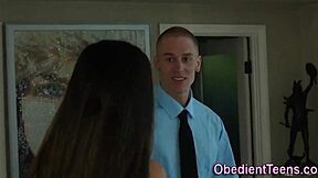 Teen with small bosom gets rough doggy style sex with big cock