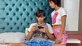 teaching my little hermanastra mobile games while rubbing my huge cock on her