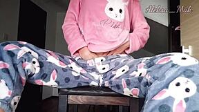 Horny teen stepdaughter in pajamas teases with small boobs and wet pussy