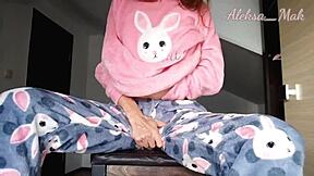 Horny teen stepdaughter in pajamas teases with small boobs and wet pussy
