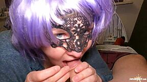 Amateur blonde MILF gags on cum while giving a deepthroat blowjob