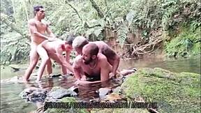 Gay amateur threesome at the waterfall