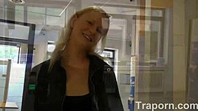Blonde teen gives a passionate blowjob in public