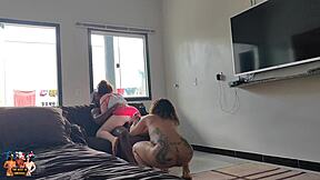 Lesbian group sex with a big cocked stud