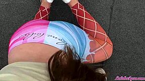 Cute girl gives a deepthroat blowjob and takes a handjob on the roof