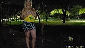 Soraya Paulista's big cock sucks and squirts in the park