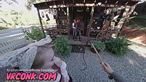 Cock in mouth and pussy play in Wild West POV video