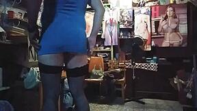 Solo crossdresser masturbates with sticky dress and sexy thong