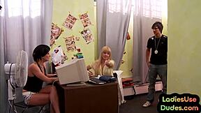 Amateur Cfnm femdom babes enjoy a group sex session with strapon, pegging, and handjob