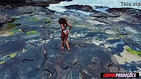 African beauty gives a cumshot on the beach and gets her pussy and ass fucked
