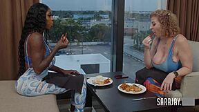 Interracial threesome with Sara Jay and Mystique bent over a throbbing cock