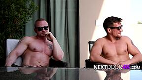 Gay muscle hunks James and Jordan get naughty in this hardcore video