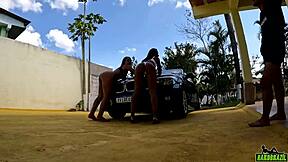 Brazilian hottie in tattooed bikini shows off her natural tits