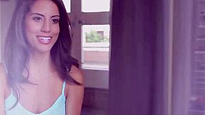 Sarah Marie, a brunette with a big ass and shaved pussy, teases in a bikini
