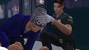 Japanese police officer gets handjob and cums on train