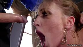 Two bondaged submissives engage in extreme oral and rough sex in a kinky group encounter