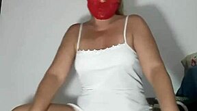 Bbw girl strips down to white nightie and red thong, dances provocatively, and pleasures herself with a dildo