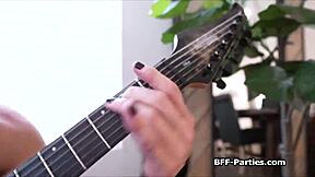 Three fans take turns sucking a rock star's penis in a wild party