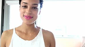 African-American woman Amethyst Banks gives a deepthroat to her male friend's large penis while wearing stockings