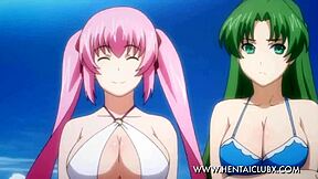 Anime babes in bikinis indulge in fanservice in Hentai video