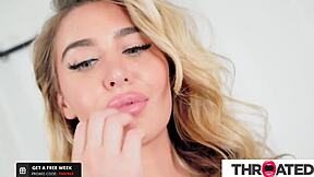 A stunning blonde with big breasts receives a rough face fucking and handjob
