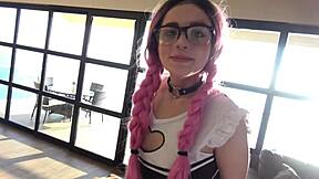 Cosplaying college girl in stockings and lingerie