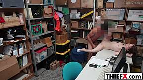 A thief's escape route becomes a sensual encounter with a well-endowed office worker