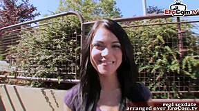 European teen flashes small tits in public
