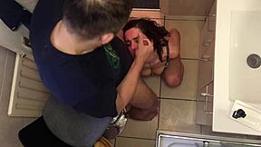 Amateur blowjob in the bathroom with a hairless brunette