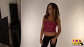 Busty amateur model in heels jerks off her photoshoot partner