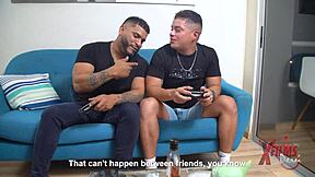 Two well-endowed men have sex with a petite Venezuelan redhead in the living room
