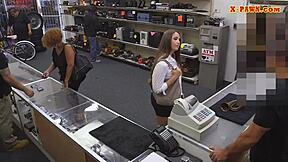 A curvy woman is secretly filmed having sex with a pawn shop employee