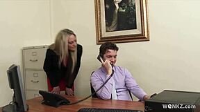 A naughty blonde tempts a workaholic office employee