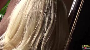 Blonde MILF with large breasts becomes aroused by pole dancing and seeks relief through anal intercourse