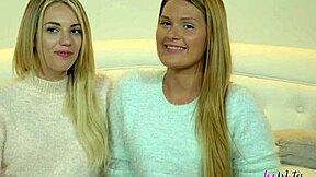 Blonde lesbians Abby Cross and Blake Eden indulge in mutual pleasure with licking, fingering, and dildo play