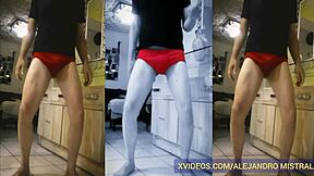 Older gay man with big bulge in pantyhose fetish video