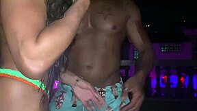 Interracial threesome with a busty Latina at a party