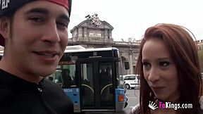Redheaded tourist enjoys public doggy style and blowjob in Madrid park