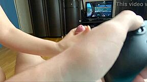 Step sister indulges in oral pleasure and receives oral ejaculation while her stepbrother plays video games in a taboo family setting