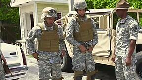 Military men participate in an outdoor erotic group sex session under the supervision of their commanding officer