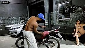 Amateur wife enjoys watching her husband masturbiate on his motorcycle, reciprocating with a passionate encounter